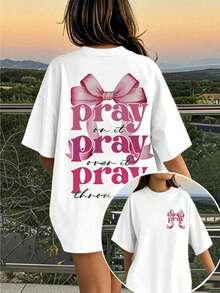 Teen Girl Loose Plus Size Casual And Simple Bowknot Printed Round Neck Short Sleeved T-Shirt Spring And Summer,Loose Oversized Size - White - View 6