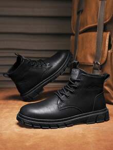 Botas altas de hombre con puntera redonda, cordones, suela gruesa y tacón bajo, zapatos de PU. Estilo británico de moda para trabajo. Botas casuales para estudiantes, de mediana edad, adecuadas para senderismo al aire libre, viajes, botas de estilo occidental versátiles y con diseño de moda - Negro - Ver 1