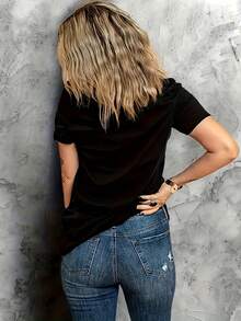 Ladies Spring And Summer Round Neck Fashion Casual Pattern Printed-Shirt - Black - View 2