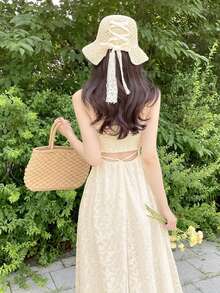 Gaun Camisole Serbaguna Tanpa Punggung Berenda Elegan Musim Panas dengan Pinggang Elastis dan Tali Pengikat (Dengan Tali Pinggang) - Aprikot - View 9