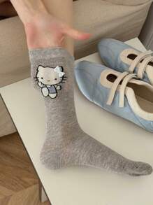 Sanrio 1Pair Sanrio Hello Kitty Women's Mid-Crew Socks | Mesh Cotton Summer Design With 3D Bow Accents (Grey/Blue/Cream), Breathable & Lightweight For Casual Wear, Kawaii Christmas Gift