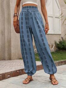 Women's Printed Casual Pants For Summer - 藍色 - 查看 5
