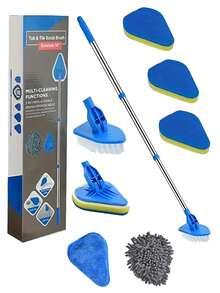 多功能浴室清洁刷套装，带可伸缩手柄，适用于清洁浴室地板、瓷砖、浴缸、游泳池和厨房地板，配有海绵头、硬毛和雪尼尔刷头