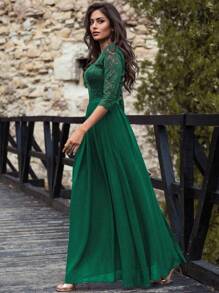 Vestido formal de fiesta elegante con pliegues en el bajo, de gasa y encaje floral, tela cómoda,