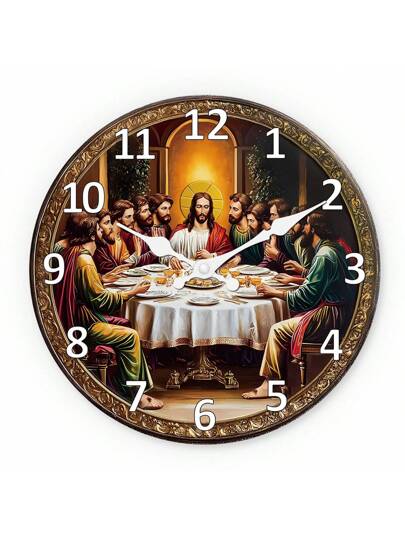 [10 16 Inch Silent Wooden Clock] Lively 10 Wand Klok "The Last Supper" Quiet Operation, Living Room, Bedroom, Kitchen, Office Ideal Baptism Featured The Supper Illustration, Large Size Room Bedroom Dormitory Back To School Surprise Home Supplies