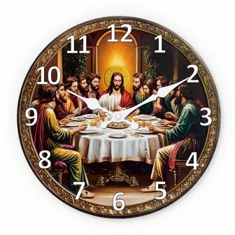 [10-16 Inch Silent Wooden Clock] Lively 10-16 Inch Silent Wooden Wall Clock - "The Last Supper" | Quiet Operation, Suitable For Living Room, Bedroom, Kitchen, Office Decor | Ideal Christmas, New Year, Baptism Gift, Featured With The Last Supper Illustration, Large Size Wall Clock Room Decor Clock Wall Bedroom Decor Dormitory Decor Back To School School Decor School Surprise Home Decor School Supplies