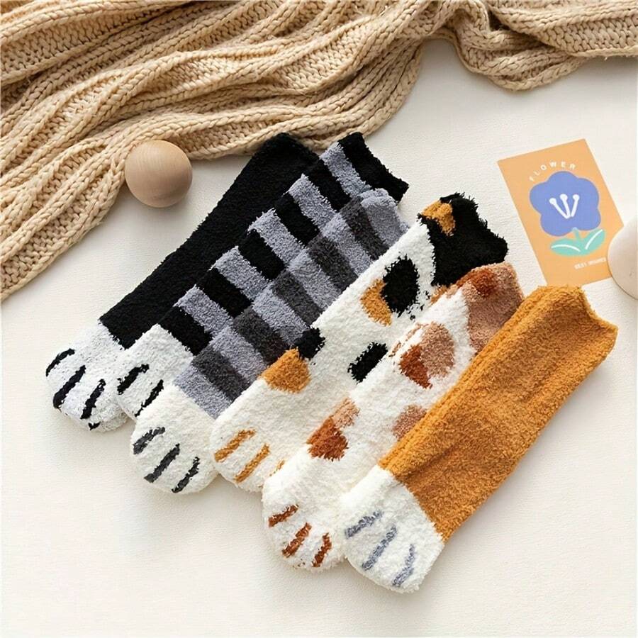 6 Pairs Of Warm And Comfortable Knee Length Cat Paw Socks - Cute Furry Women's Long Stockings - 6-pack - Mixed Colors - View 1