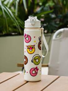 1pc 700ml/23oz Cartoon Donut Pattern Plastic Water Bottle, Children Plastic Water Cup With Lid, Lockable Design, Lanyard, Portable For School, Outdoor Sports, Camping, Picnic