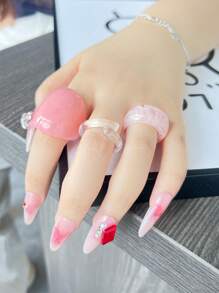 3pcs Delicate Pink Vintage Personalized Transparent Geometric Rings Set, Versatile Daily Wear, Suitable As Gift For Friends
