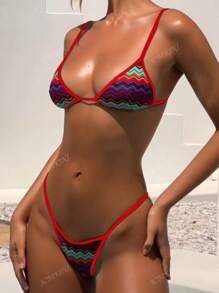 New Soft Padded Striped Adjustable Strap Sexy Backless Bikini, Summer Beach Fashion Ladies Swimwear Set, Red Trim Multi-Color Swimwear