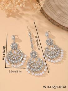 3PCS/Set Fashionable Rhinestone Inlay Forehead Chain,Luxurious Style Faux Pearl Pendant Earrings Jewelry Set Suitable For Women Daily Life, Banquets Wedding Wear