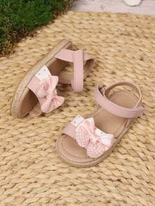 1 Pair Girls' Bow Tie Polka Dot Open Toe Espadrille Flat Sandals, Sweet Princess Style, Suitable For Summer