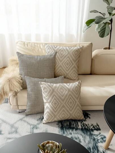 4pcs Decorative Pillow Covers, Geometric Pattern, 100% Hypoallergenic Polyester Fiber Cushion Covers, Vintage Linen Material, Hidden Zipper, Machine Washable, Minimalist Modern Line Design, Zipper Closure, Home Decor Throw Pillow Covers For Sofa, Living Room, Bedroom, No Pillow Insert