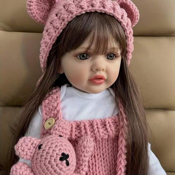 Muñeca reborn realista de 22 pulgadas, con adorable conjunto de punto rosa y osito, perfecta para regalos de cumpleaños y compañía