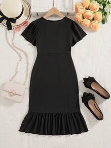 Vestido casual de verano para niñas de unicolor, cuello redondo, manga corta y longitud hasta la rodilla