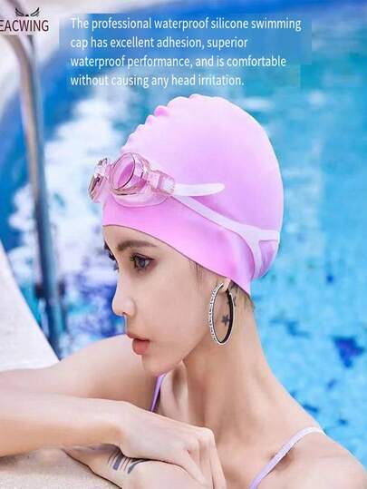 1pc Adult Silicone Swimming Cap For Long Hair Women, Ear Protection Waterproof Diving Swim Cap