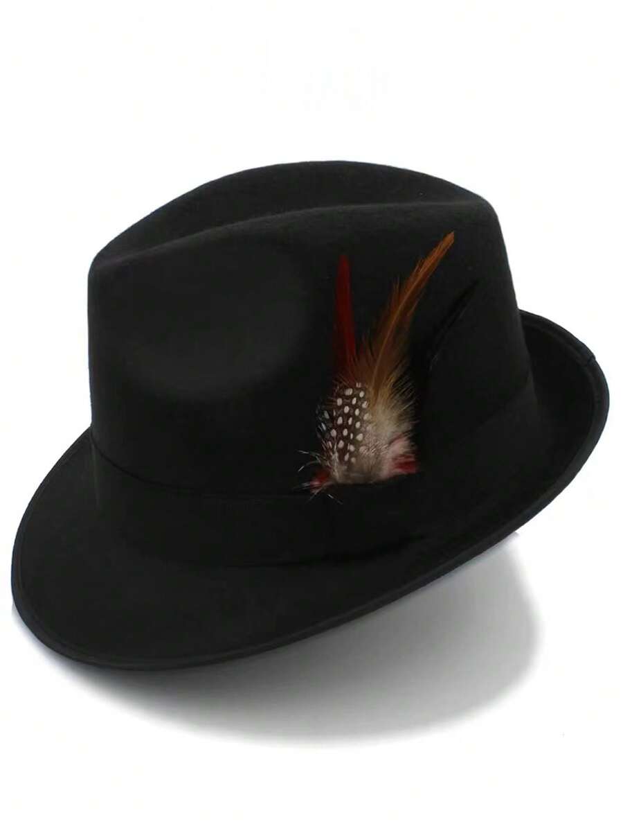 1 pièce Chapeau Fedora élégant unisexe avec bande de plumes, casquette de jazz décontractée à la mode, convenant pour les fêtes, les rassemblements et le port quotidien - multicolore - Voir 1