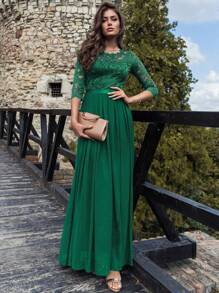 Vestido formal de fiesta elegante con pliegues en el bajo, de gasa y encaje floral, tela cómoda,