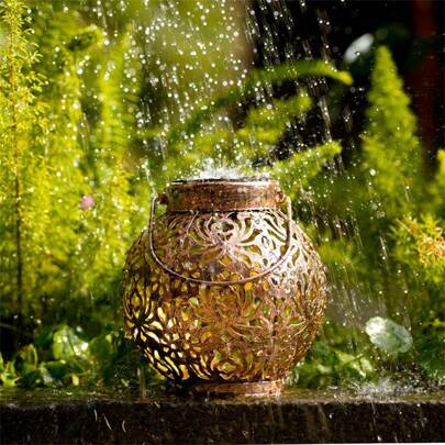 1pc Solar Powered Iron Peony Lantern, Hollow Design Hanging Lamp, Suitable For Outdoor Garden Yard Landscape Lighting, Decorative Pendant Light