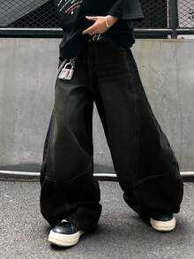 1 件男士复古水洗牛仔裤，宽松拼接设计直筒休闲裤（不含腰带和配饰） - 黑色 - 查看 2