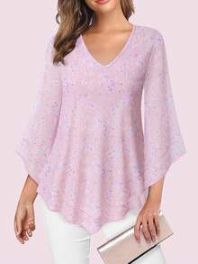 CheersLife Women Dressy Blouse V Neck Double Layers Elastic Mesh Casual Flowy Work Shirts Ruffle 3/4 Flared Sleeve Tunic Tops