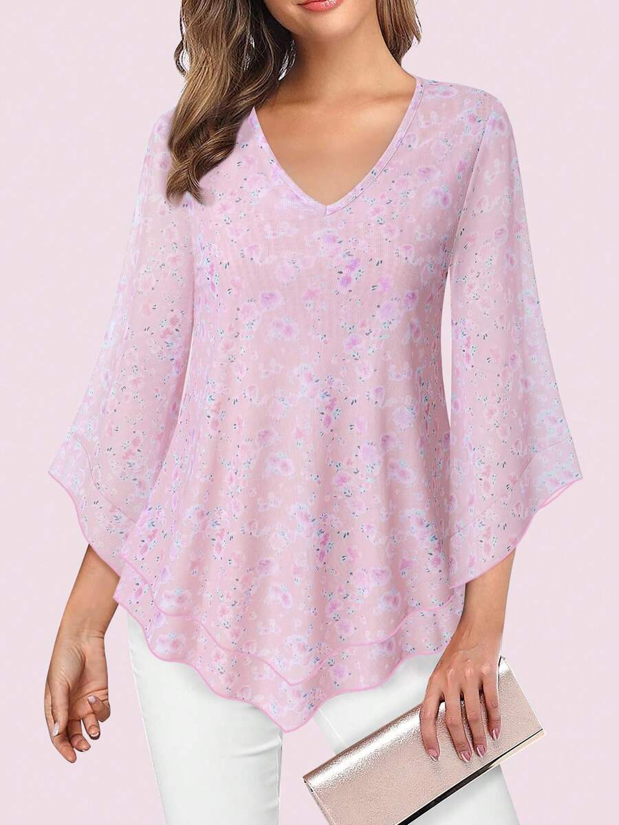 CheersLife Women Dressy Blouse V Neck Double Layers Elastic Mesh Casual Flowy Work Shirts Ruffle 3/4 Flared Sleeve Tunic Tops