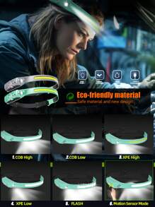 1pc 230°Wide Angle Sensor Headlamp | COB+XPE Dual Light Beads + 6 Lighting Modes | Elastic Silicone Headband For Comfortable Wear | Type-C Fast Charging + IP65 Waterproof | Outdoor Adventure, Night Running, Fishing, Camping Gear