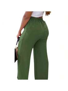 Women's High Waist Wide Leg Pants With Pocket - 軍綠色 - 查看 3