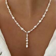 1 件优雅仿巴洛克珍珠串珠 Y 形项链，时尚独特设计，适合派对或宴会的女士珠宝 - 白色 - 查看 3