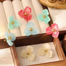 1 Pair 18K Colored Flower Resin Stud Earrings For Women, Fashionable & Fresh Style, Suitable For Party, Date & Office Wear