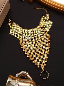 1pc Fashionable New Metal Woven Beads Tassel Finger Ring Bracelet, Middle Eastern Luxury Palace Style, Suitable For Party & Festival Wear - Yellow Gold - View 3