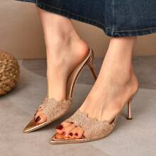 Sandales à talons aiguilles pour fête de mode classique à bout ouvert blanc pour femmes grande taille, Mules à talons hauts stilettos en or champagne brodées