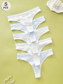 5 SZTUK Śliczna Drukowana Bielizna Seksowna Kokardka Stringi Koronkowe Białe Damskie Bielizna Fajne I Elastyczne Letnie Casualowe Majtki Sportowe Dla Kobiet Oddychające Miękkie I Wygodne Stringi