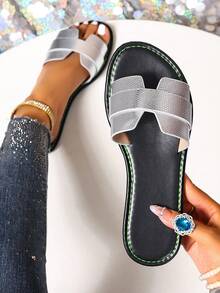 Korean Fashion Casual Flat Sandals, Women Summer Open Toe Slippers, Braided Roman Style For Spring, Summer, Beach, Vacation, Match Dress, Brown - Silver - View 1