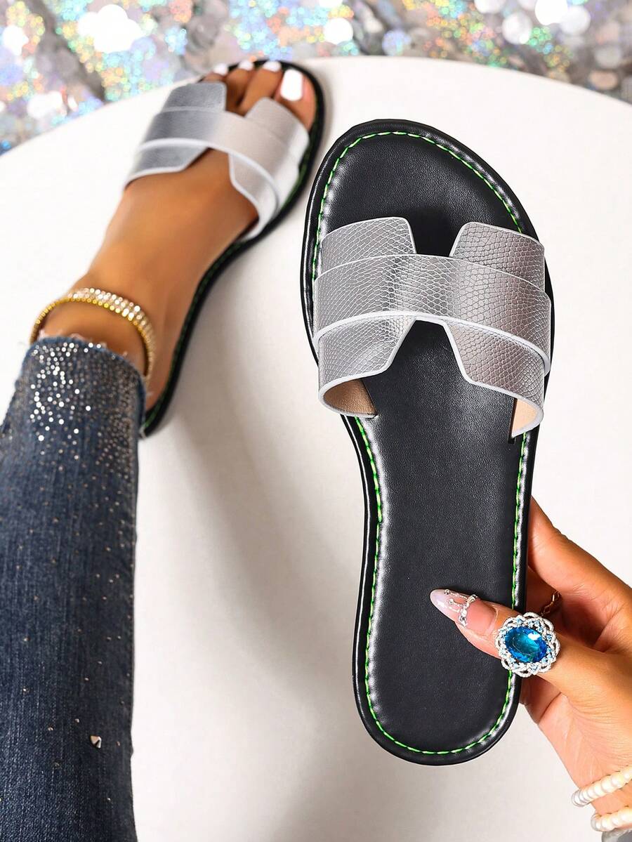 Korean Fashion Casual Flat Sandals, Women Summer Open Toe Slippers, Braided Roman Style For Spring, Summer, Beach, Vacation, Match Dress, Brown - Silver - View 1