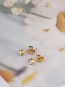 1 Pair Stainless Steel 18K Gold-Color Minimalist Vogue Earrings With Round Cubic Zirconia Stones, Versatile Daily Wear For Women, Suitable As Gifts For Friends