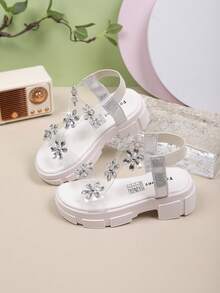 夏季女孩厚底凉鞋，花朵装饰，透明设计，优雅公主鞋，适合日常穿着、婚礼和派对