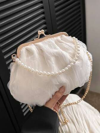 2025 Spring/Summer White Romantic Wedding Season 1pc White Pearl Net Fabric Flower Clip Closure Solid Color Jacquard Soft Pleated Pearl Handbag, High-End Women Luxury Party Clutch Purse, Suitable For Wedding, Banquet