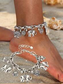 1入復古風象形心形串飾腳鏈，雕刻精美，尺寸可調，適合女孩子的可愛手工波希米亞風飾品禮物