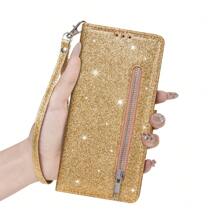 Glitter Zipper Wrist Strap Wallet Card Holder Solid Color Flip Phone Case Suitable For IPhone 16, Galaxy S25, Xiao Mi 14