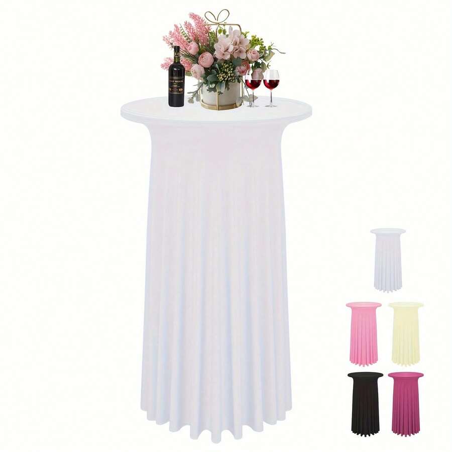 1pc Stretch Polyester & Spandex Round Cocktail Table Cover - Fitting For Wedding, Bar, Party, Event, Ruched Solid Color Design, Suitable For Various Cocktail Tables