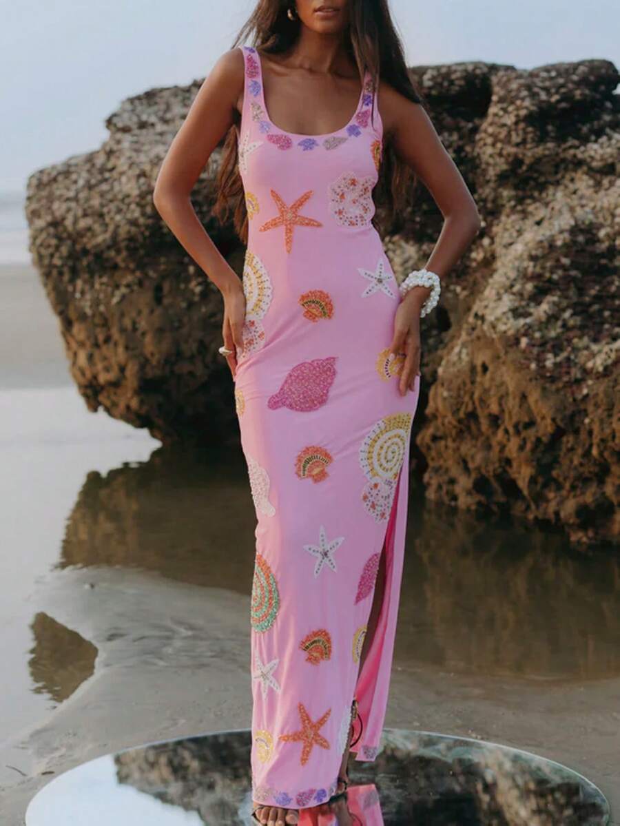 Women Starfish Shell Printed Maxi Dress Spaghetti Strap Backless Bodycon Long Dress Summer - Pink - View 1