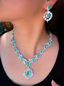 1 set colier și cercei cu zirconiu cubic în formă de lacrimă verde deschis, cu frunze roz, placați cu argint și zircon cubic, pentru femei, nuntă, logodnă, bal, club de noapte, concurs de nuntă