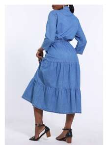 Women's Single-Breasted Ruffle Hem Casual Denim Dress (Waist Belt Not Included)