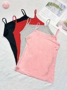 4件装女士纯色无袖吊带背心，圣诞限量版女士红色吊带打底衫 - 彩色 - 查看 4