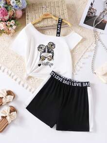 女童休闲可爱甜美露肩印花短袖T恤短裤两件套，春夏