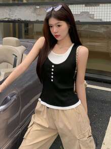 Contrast Color 2 In 1 Camisole Vest Women, Casual Versatile Sleeveless Knit Top For Summer