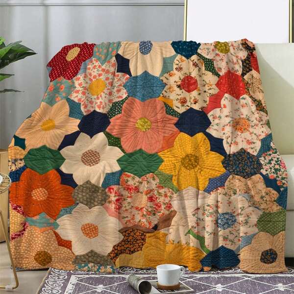 1 Peça Manta de Flanela Floral Vintage e Macia em Retalhos - Manta de Poliéster Tricotada Leve para Todas as Estações, Adequada para Sofá, Cama, Escritório, Acampamento, Viagem - Presente Ideal para Qualquer Ocasião