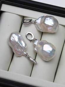 1 件复古风格天然淡水珍珠巴洛克吊坠，带不对称 20-25 毫米白色钻石形锆石和 S925 纯银，新娘珠宝结婚礼物