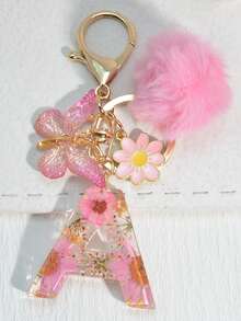 1 件英文字母干花树脂钥匙扣，带蝴蝶、流苏和绒球装饰，时尚钥匙圈礼物，送给妈妈、最好的朋友汽车配件包饰学校可爱哥特 Y2k 包配件挂绳带身份证夹汽车配件包饰 - 淺粉色 - 查看 33